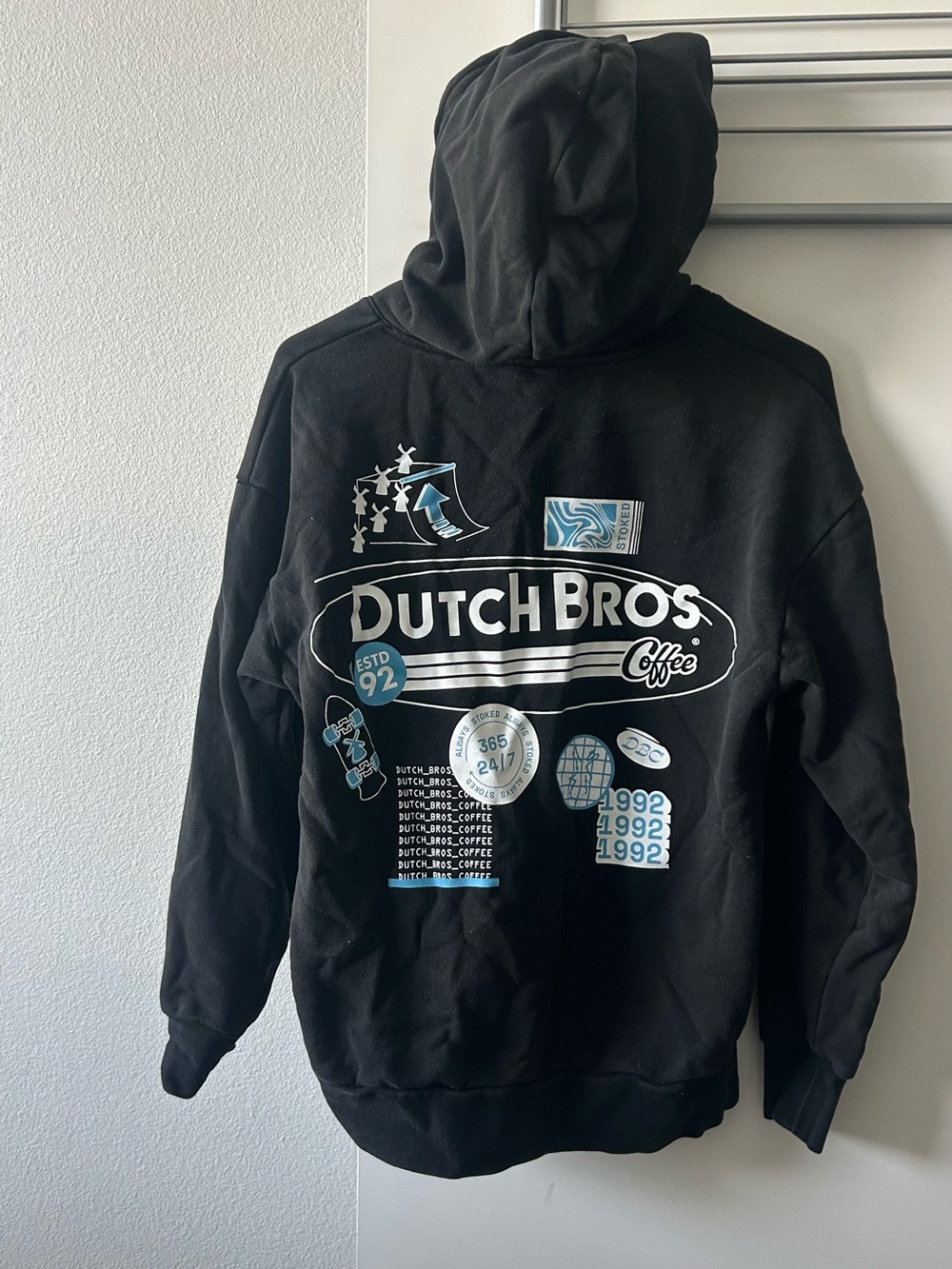 Dutch Bros Black Graphic Crewneck Sweater with Light Blue Accents